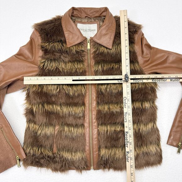 Boston Proper Leather Faux Fur Jacket Women Size 12 Brown Full Zip Festival Boho - Picture 7 of 9